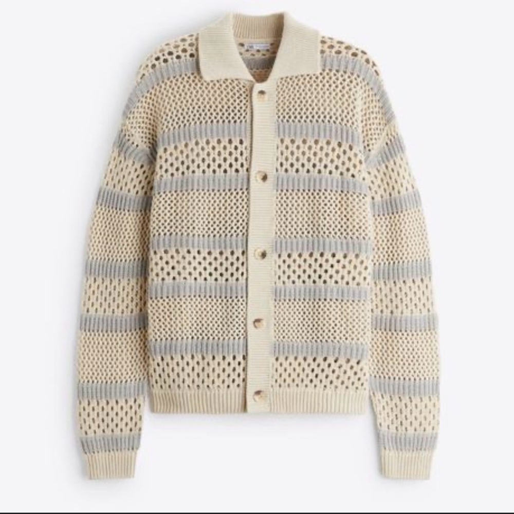 Zara Beige+Light Gray Open-Weave Knit Button Down Cardigan Size S-M